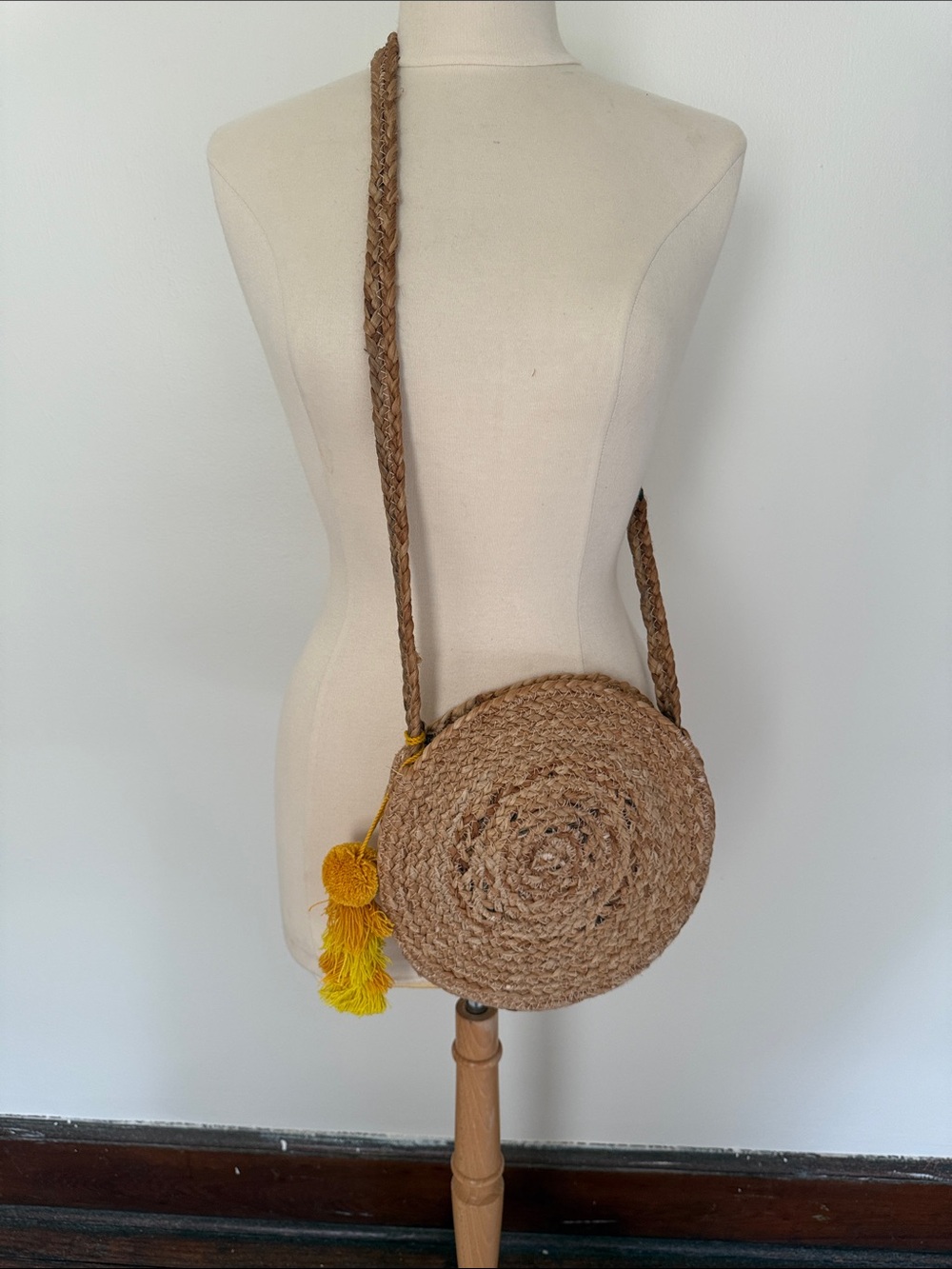 Source Unknown Woven Round Crossbody Bag with Yellow Tassel